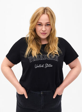 Katoenen T-shirt met tekst, Black W. Pasadena, Model image number 0