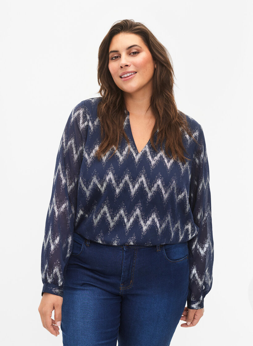 Bedrukte blouse met V-halslijn, Blauw, Model image number 0