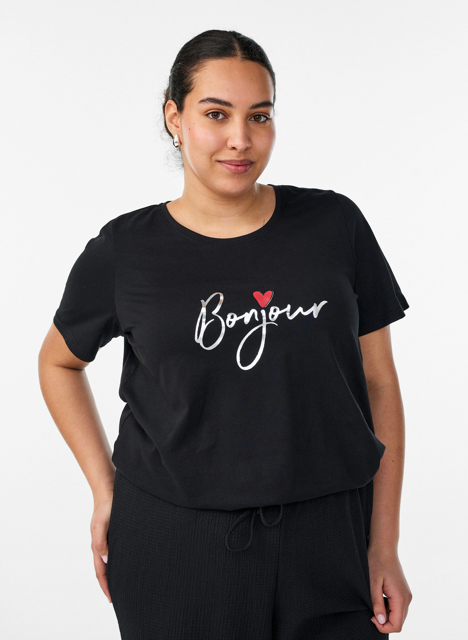 T-shirt met motief, Zwart, Model