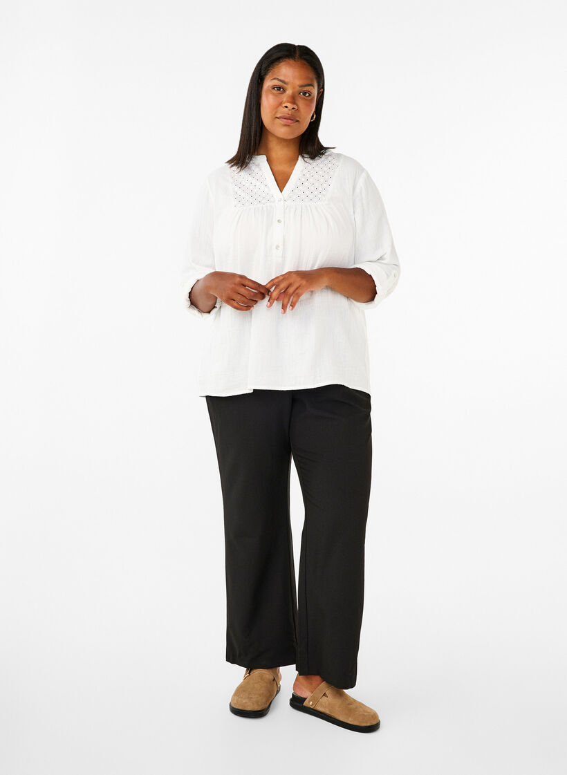 Katoenen blouse met broderie anglaise en 3/4 mouwen, Bright White, Model image number 2