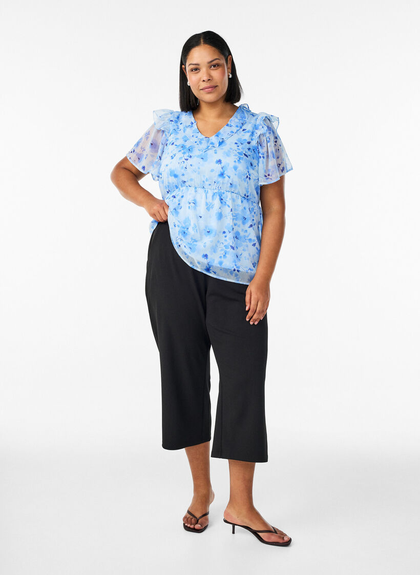 Bloemenblouse met rucheskraag en peplum effect, Blauw, Model image number 1