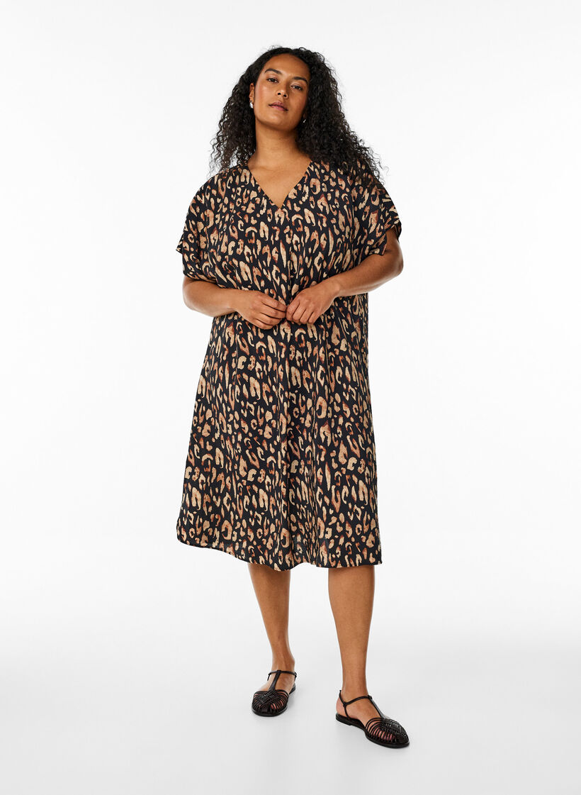 Jurk met V-hals van viscose, Zwart, Model image number 1