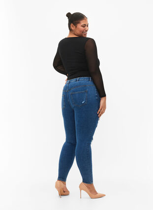 Strakke jeans met slijtagedetails, Blue denim, Model image number 1