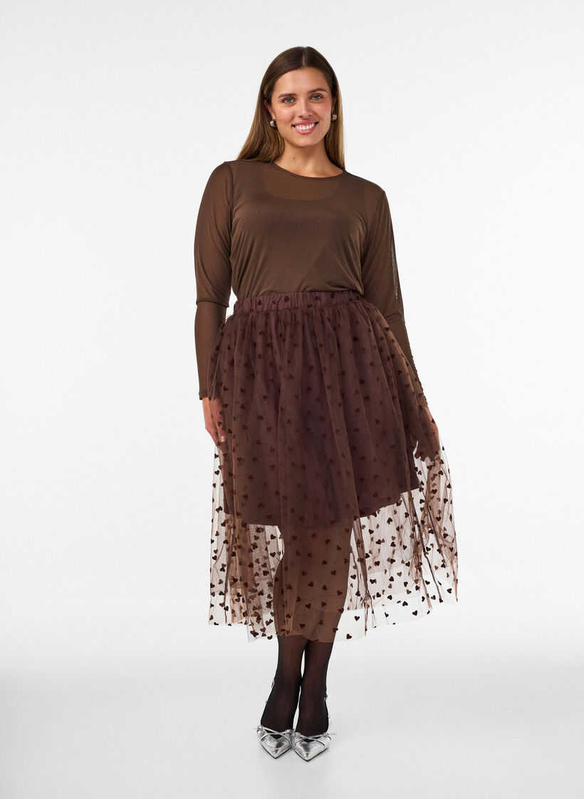 Jupe midi en tulle avec des c&oelig;urs, Marron, Model image number 1