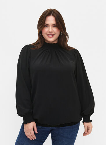 Effen smok blouse met lange mouwen, Black, Model image number 0