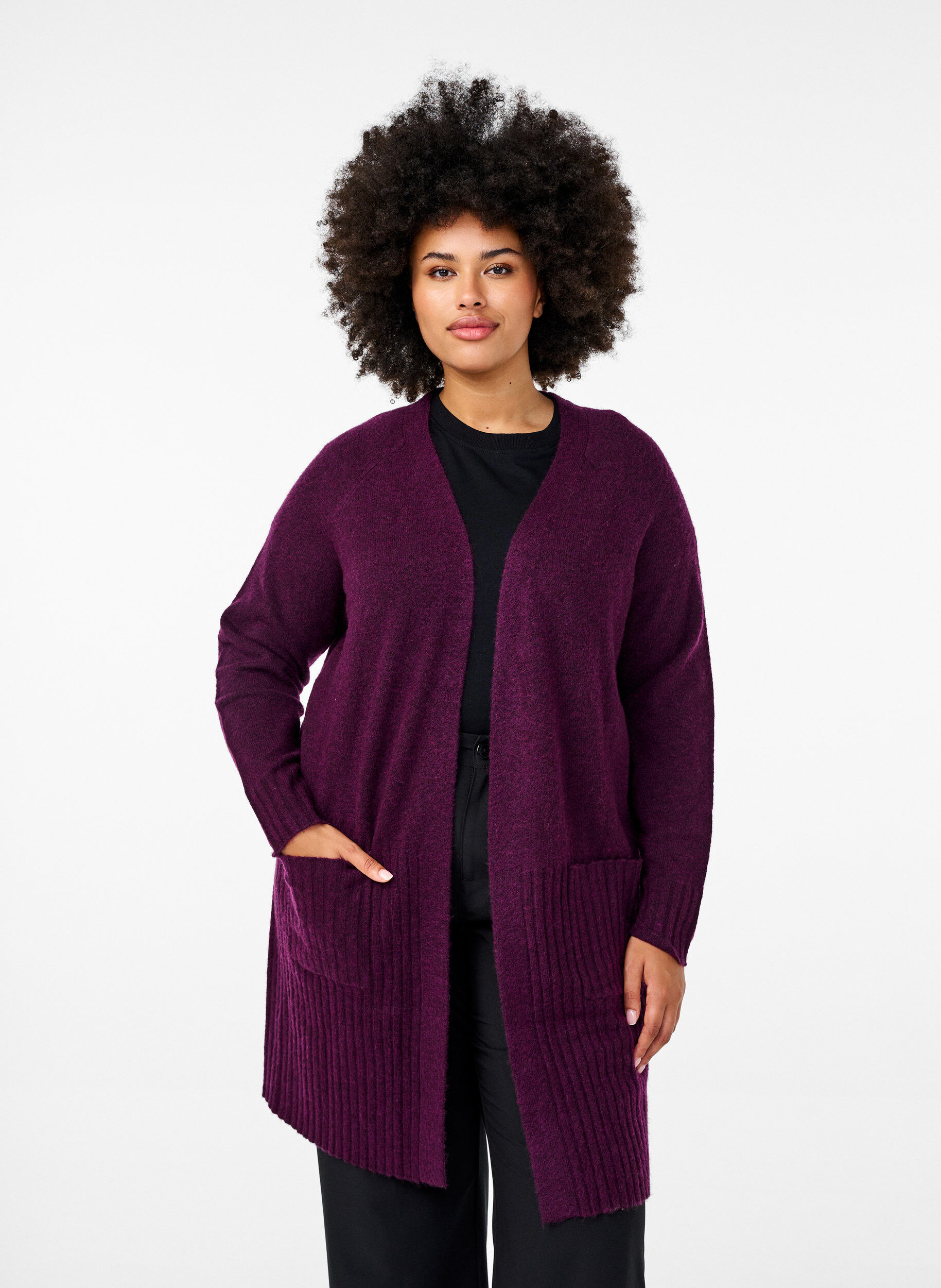 Zizzi Cardigan long avec des poches, Potent Purple Mel., Model image number 0