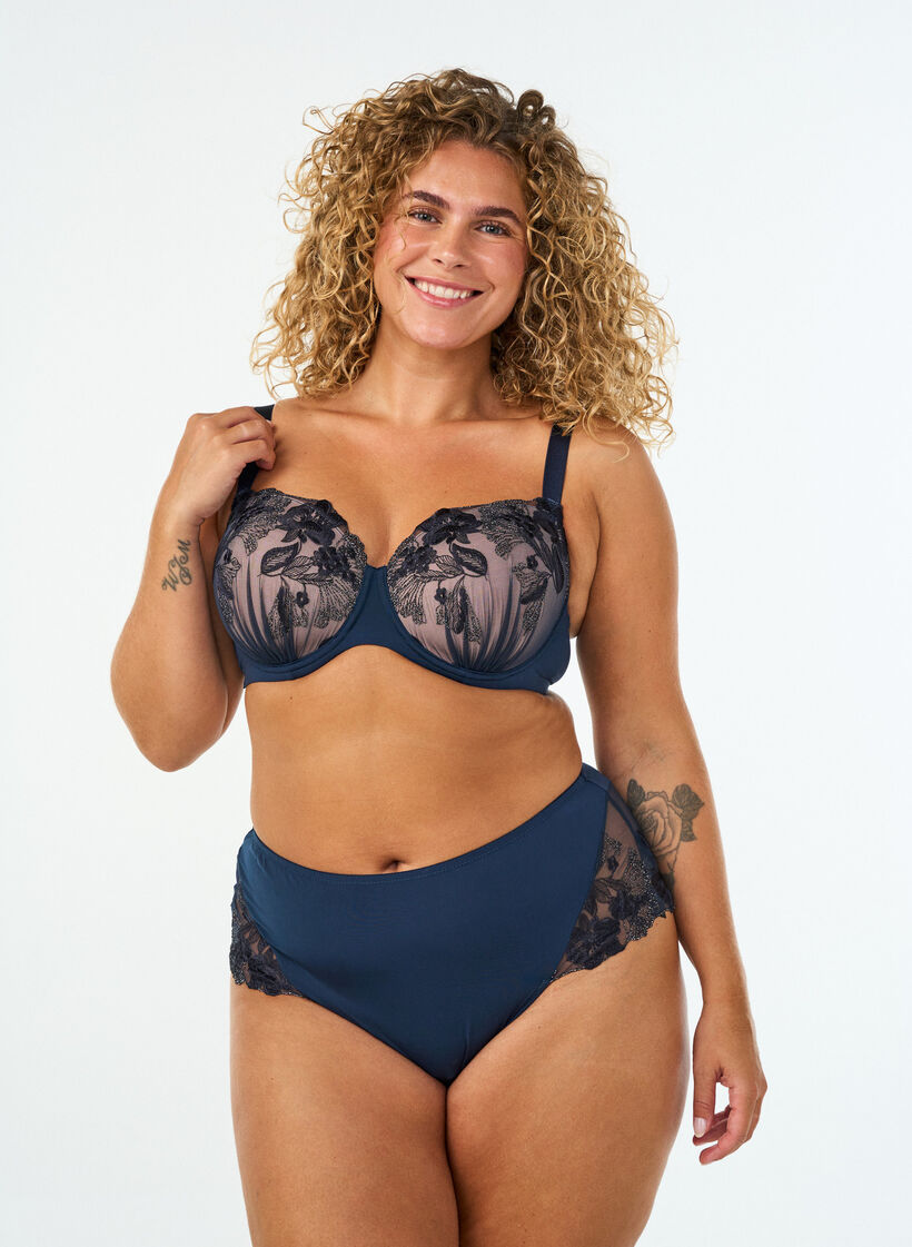 String hipster avec broderie florale et taille standard, Bleu, Model image number 0
