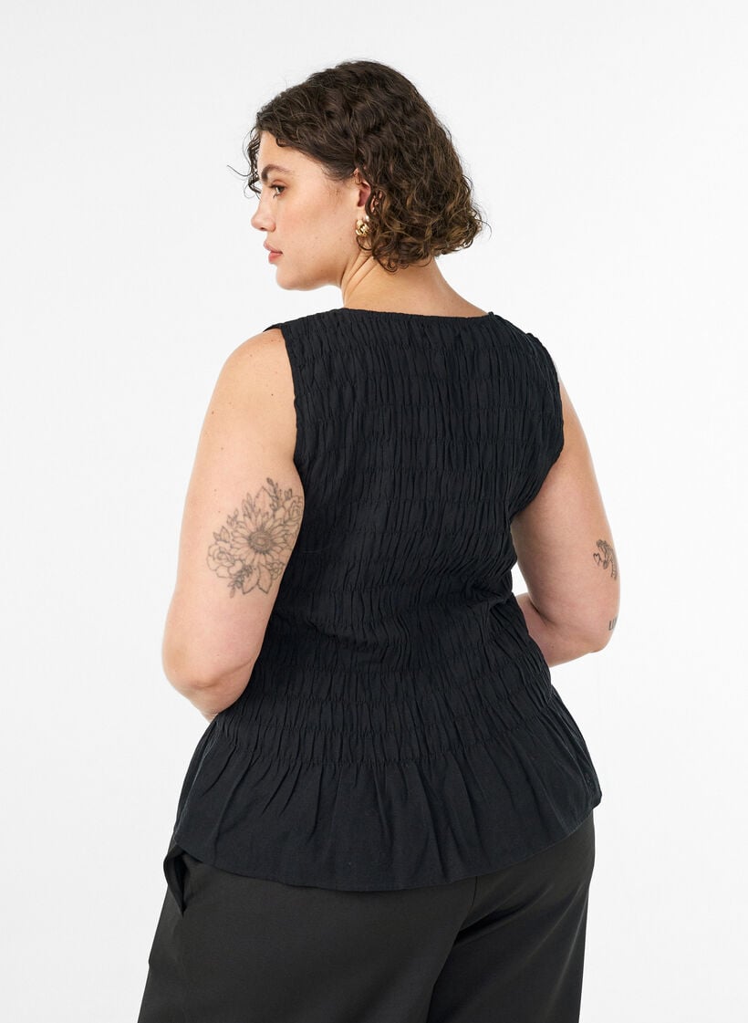 Mouwloze top van katoen en linnen met smock, Zwart, Model image number 2
