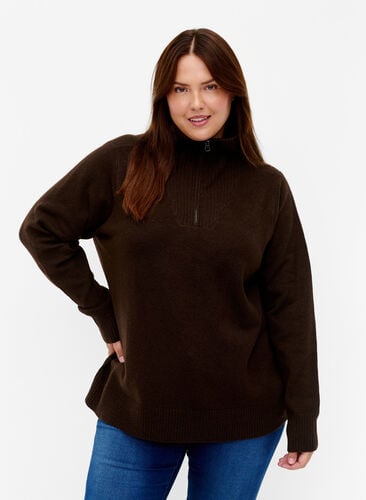 Pull en tricot avec fermeture éclair, Demitasse/Black Mel., Model image number 0
