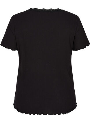 T-shirt côtelé à manches courtes avec bordure en dentelle, Black, Packshot image number 1