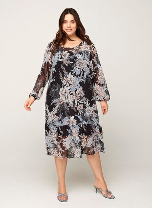 Midi-jurk met bloemenprint, Black/Rose Flower, Model image number 0