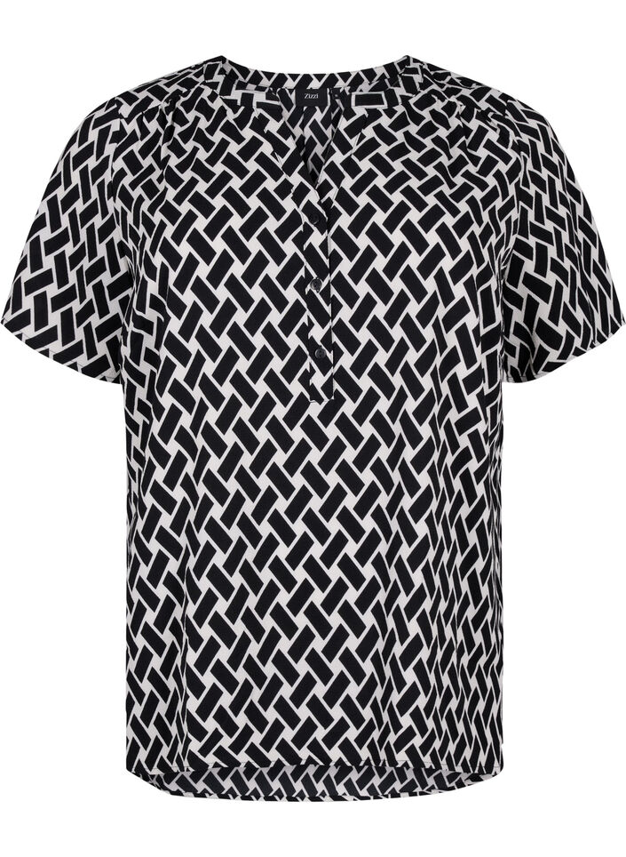 Blouse à manches courtes et encolure en V , Black Graphic AOP, Packshot image number 0