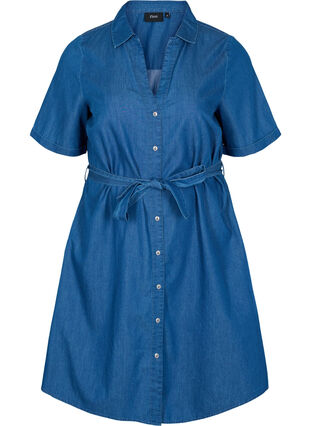 Katoenen denim jurk met tailleriem, Medium Blue, Packshot image number 0