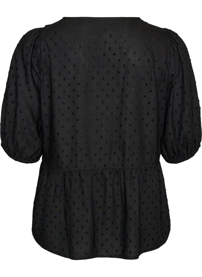 Viscose blouse met een stippenstructuur en V-hals, Zwart, Packshot image number 1
