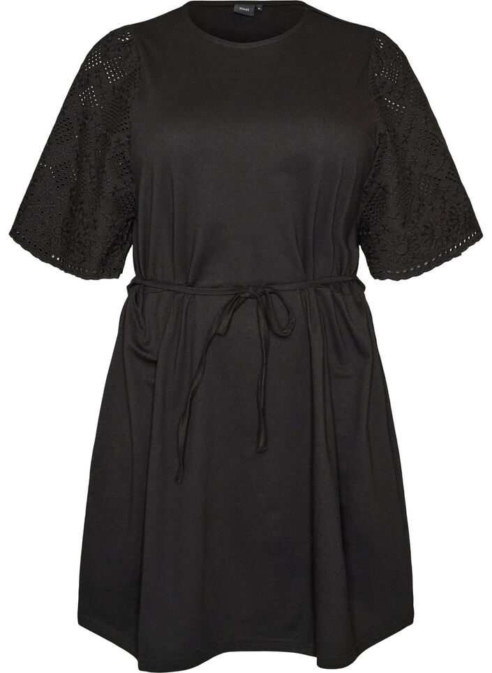 Robe en coton avec manches en broderie anglaise et ceinture &agrave; nouer, Noir, Packshot image number 0