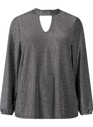 Glitter blouse met lange mouwen, ronde hals en V-detail, Black Silver, Packshot image number 0