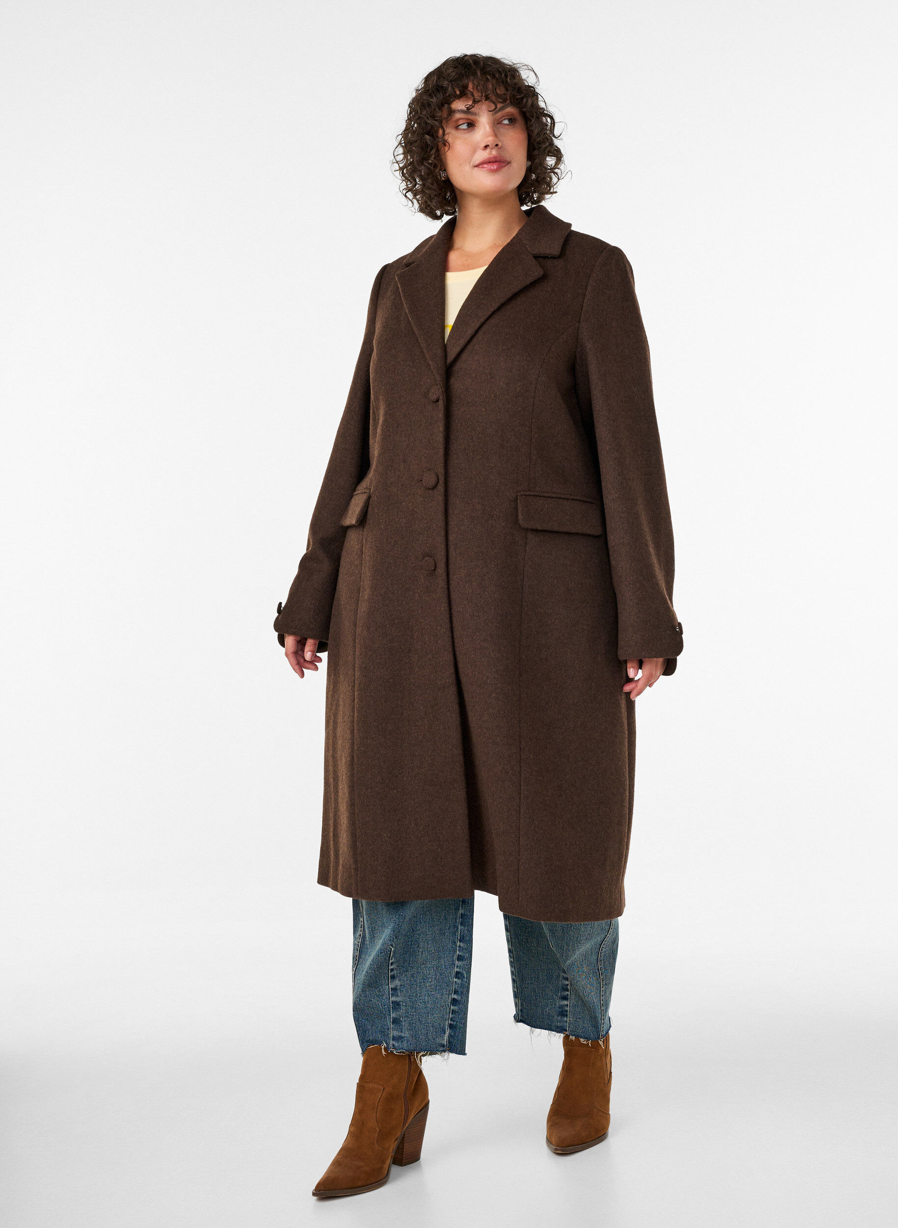 ZizziWolblendjas met revers en knopen, Bruin, Model image number 0