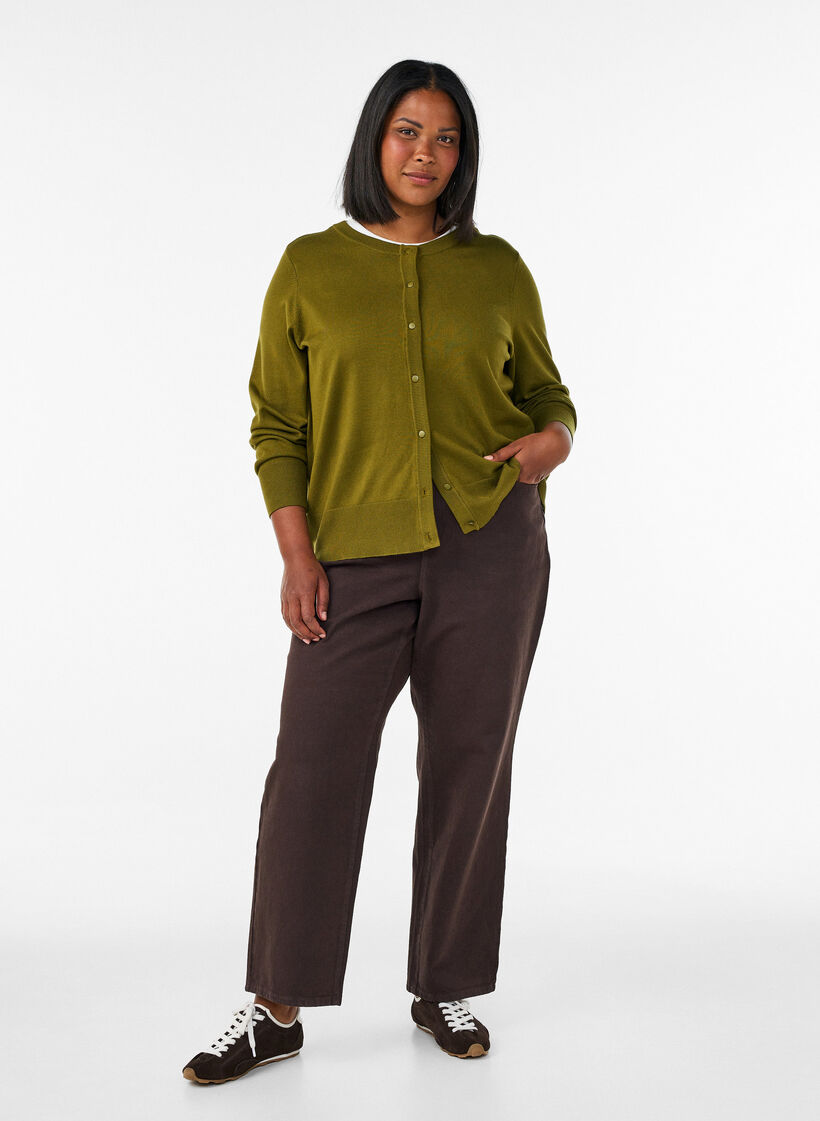 Cardigan en tricot avec col rond et boutons, Vert clair, Model image number 1