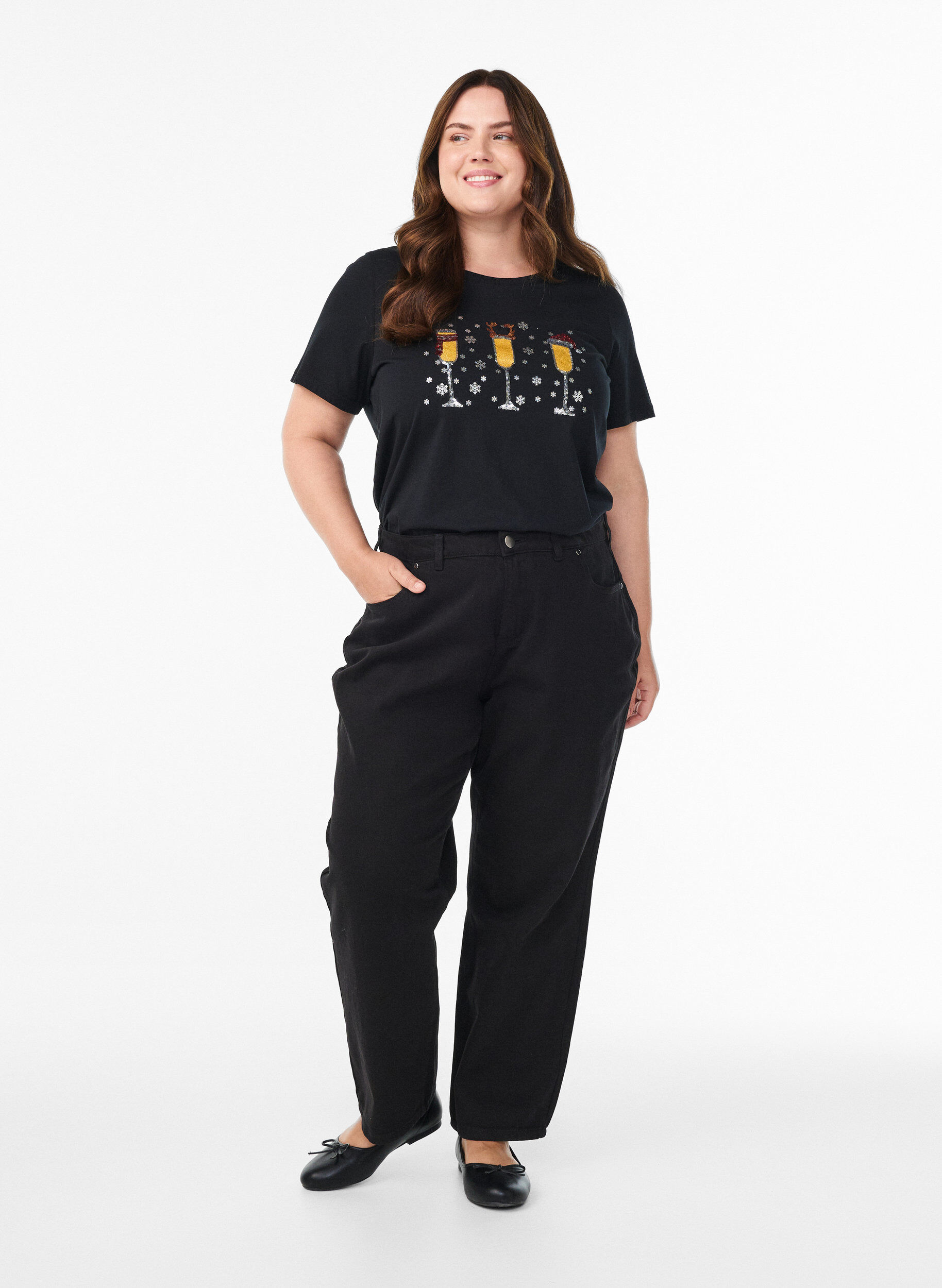 Zizzi T-shirt de No&euml;l en coton bio, Noir, Model image number 1