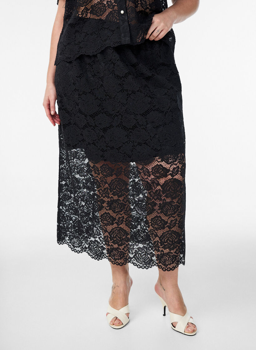 Jupe midi en dentelle avec taille &eacute;lastique, Noir, Model image number 2