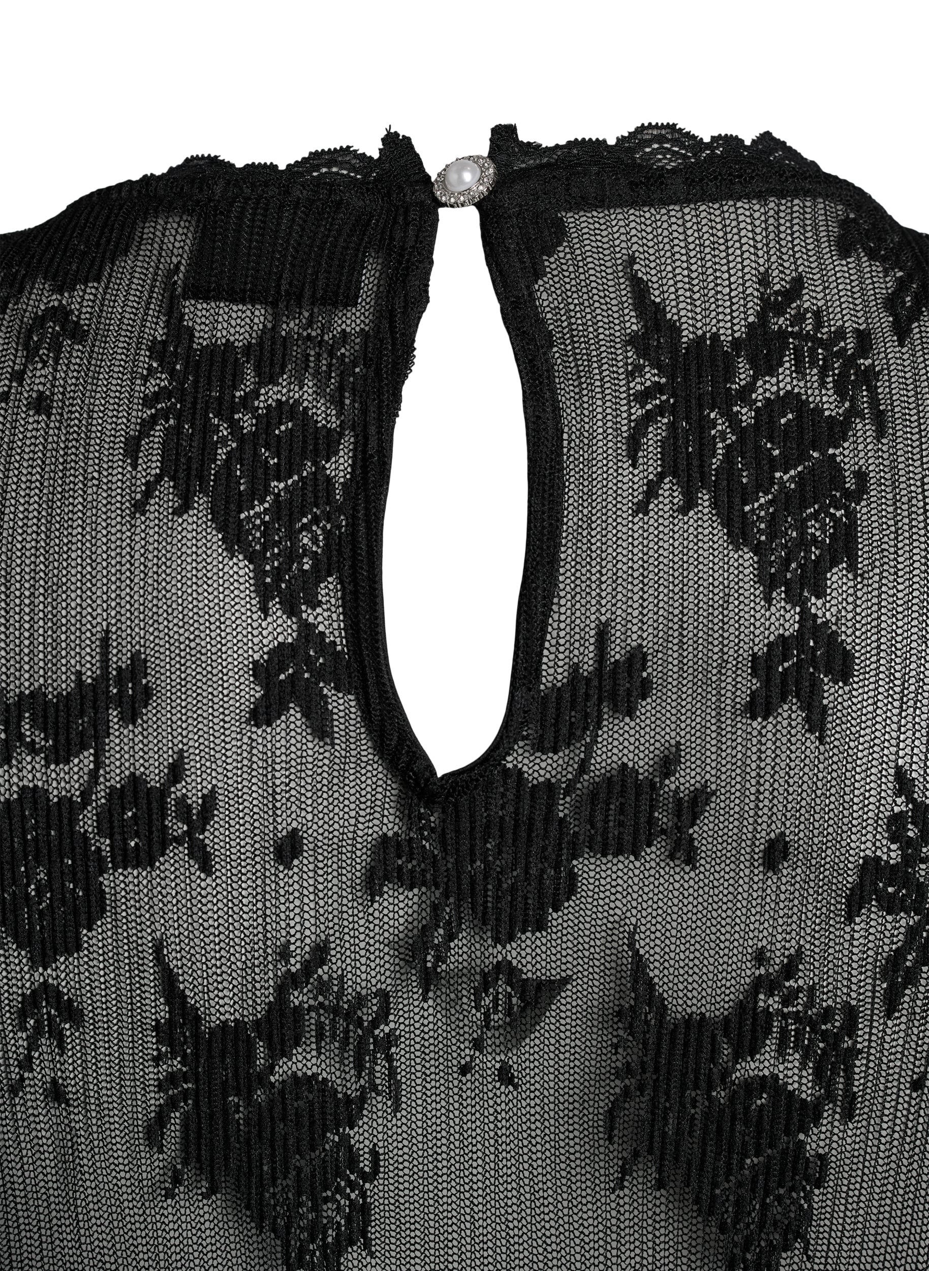 ZizziMesh blouse met lange mouwen met kantpatroon, Zwart, Packshot image number 2