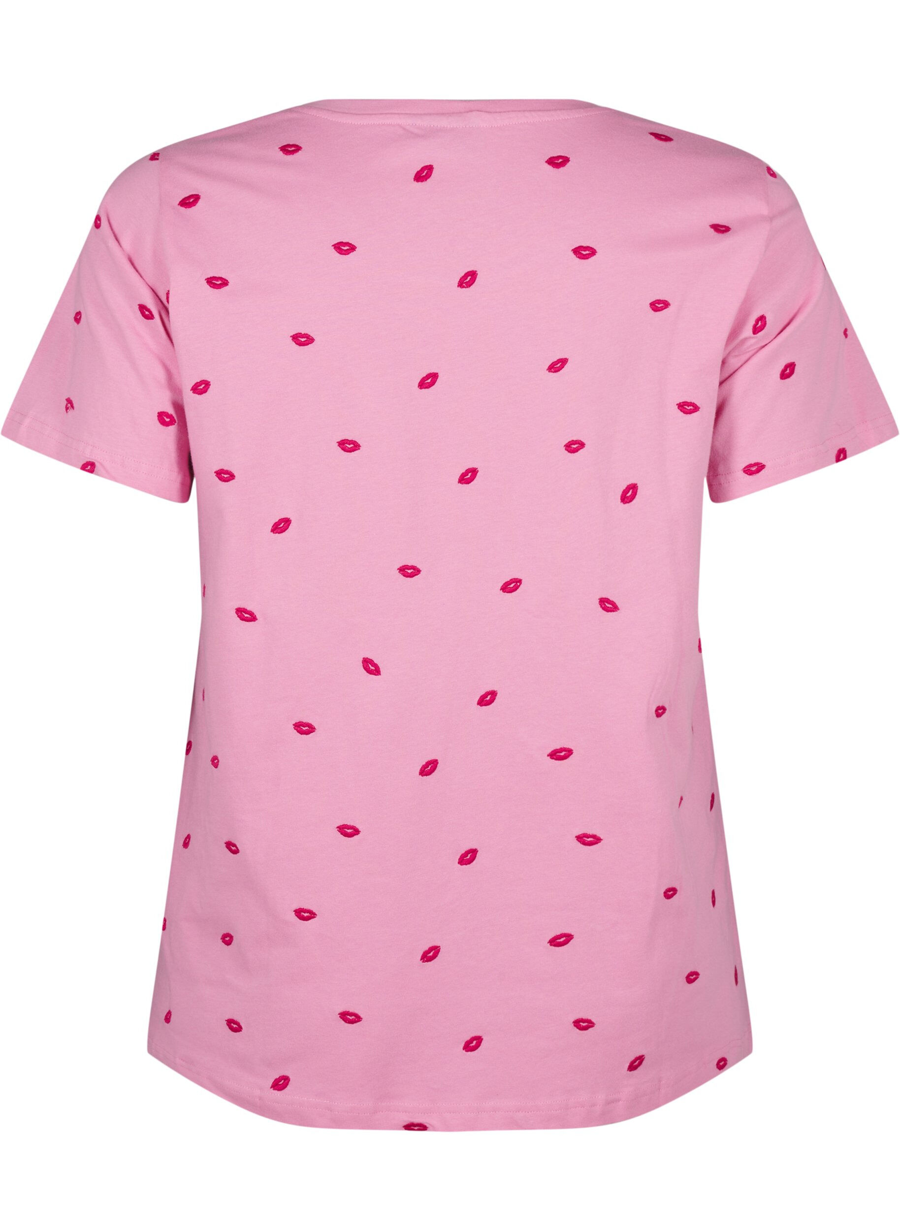Zizzi T-shirt en coton biologique avec motif de l&egrave;vres brod&eacute;, Rose Bl. Lips Emb. , Packshot image number 1