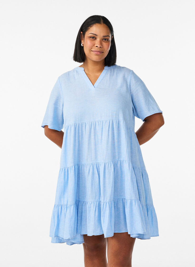 Robe A-line longueur genou en lin et viscose, Bleu Clair, Model image number 0