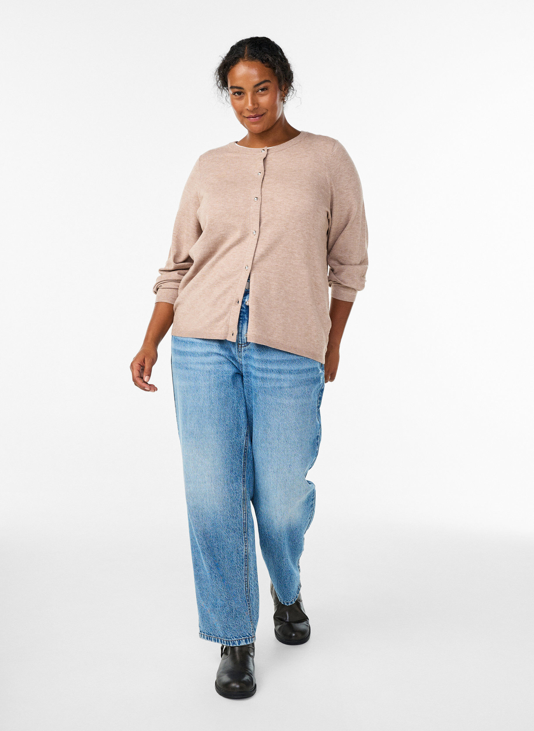 ZizziCardigan met ronde knopen, Beige, Model image number 1