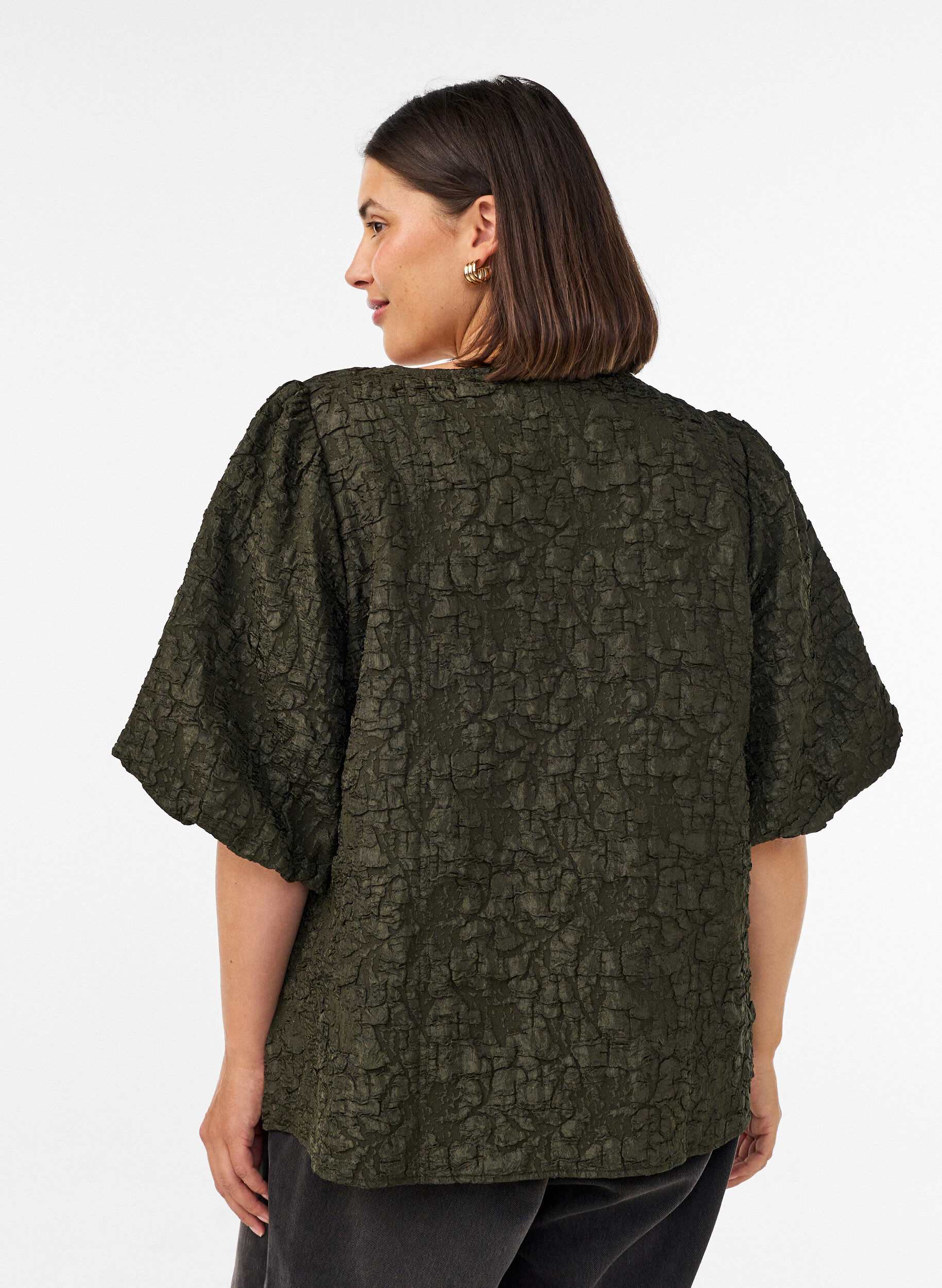 ZizziJacquard blouse met pofmouwen en A-lijnvorm, Groen, Model image number 2