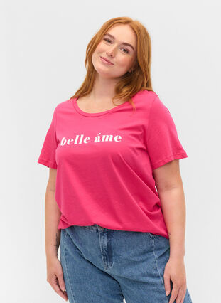 Katoenen t-shirt met korte mouwen en tekstopdruk, Fandango Pink, Model image number 0