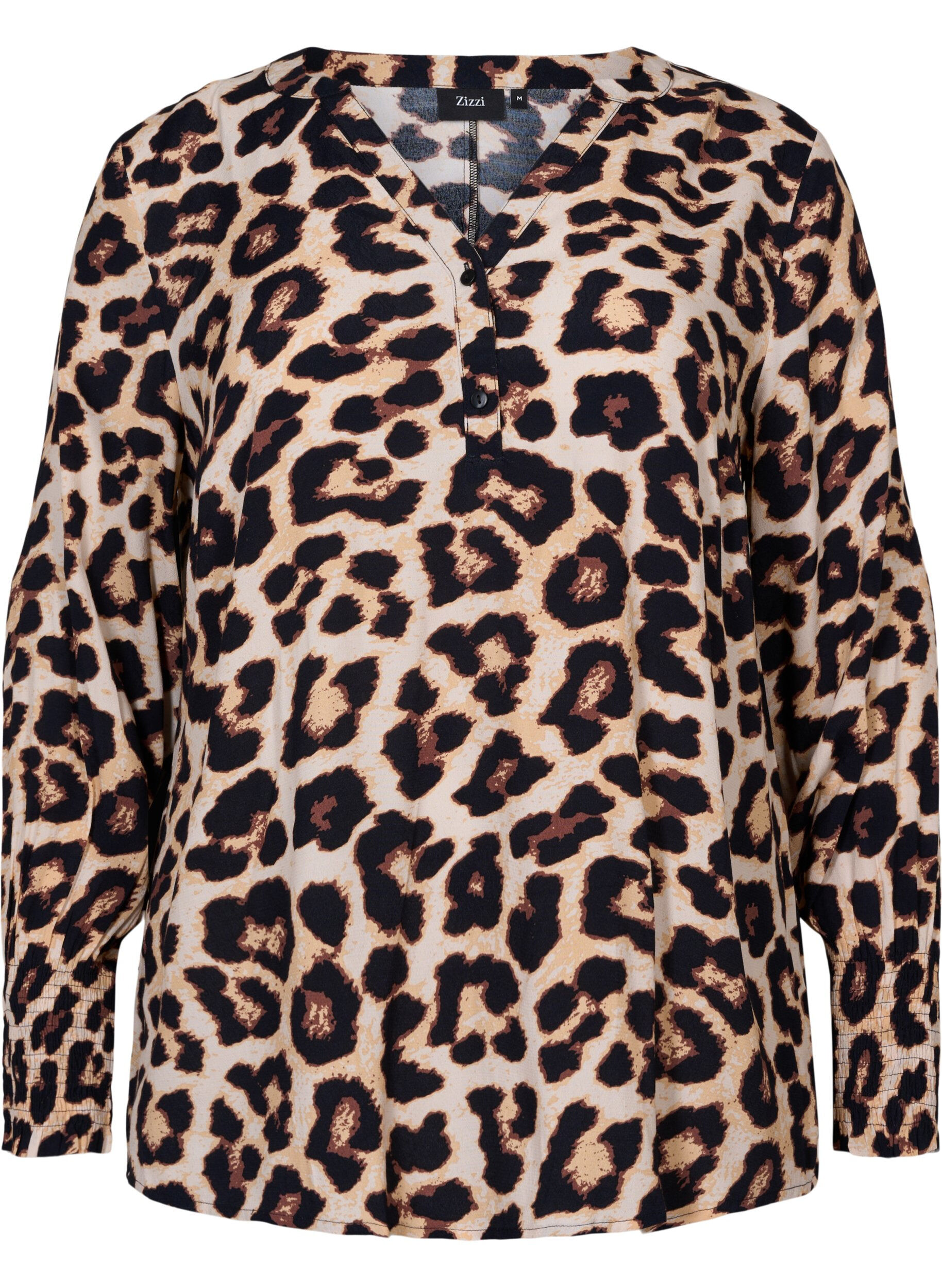 Zizzi Blouse en viscose imprim&eacute;e avec smock, Leo AOP, Packshot image number 0