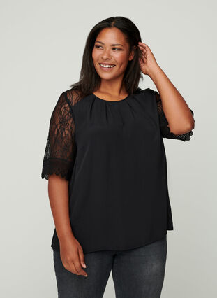 Viscose blouse met kanten mouwen, Black, Model image number 0