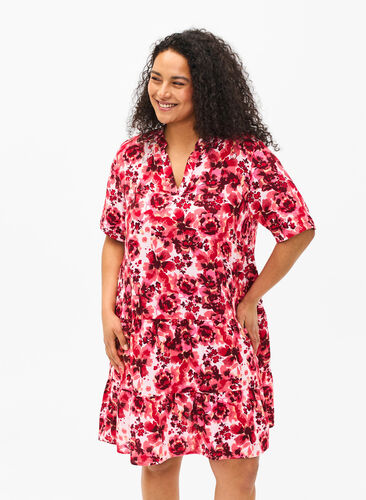Katoenen jurk met bloemenprint, Pink AOP Flower, Model image number 0