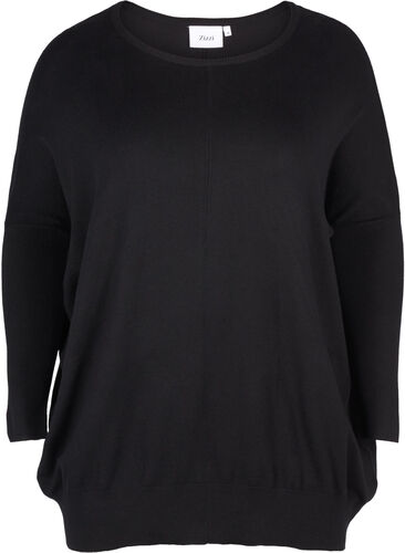 Losse gebreide blouse met geribbelde randen, Black, Packshot image number 0