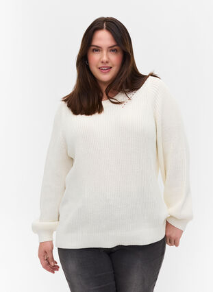 Pull en tricot à manches longues avec un motif de trous, Cloud Dancer Mel., Model image number 0