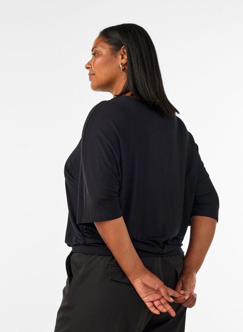 Jersey blouse met halflange ballonmouwen, Zwart, Model image number 2