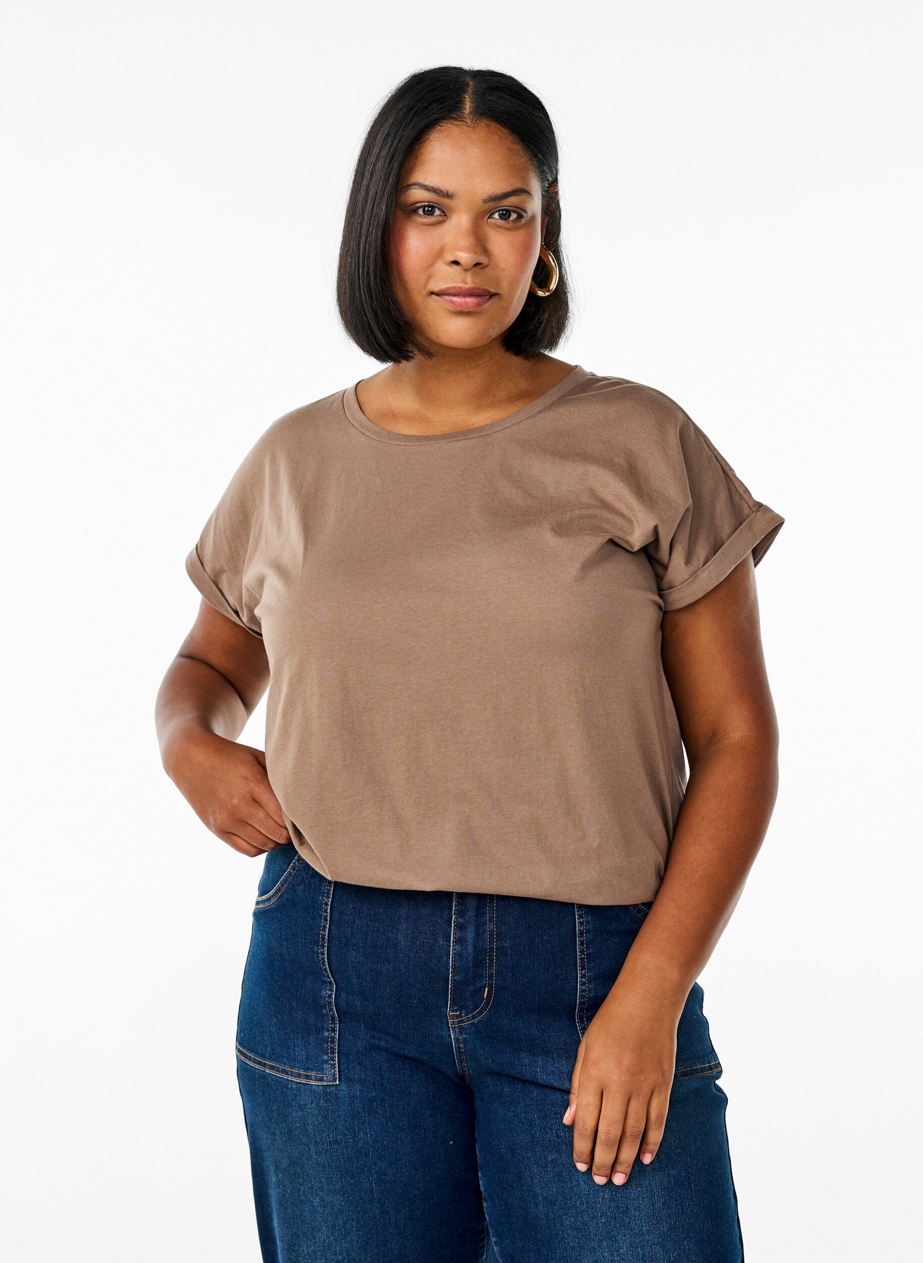 ZizziT-shirt met korte mouwen van katoenmix, Bruin, Model image number 0