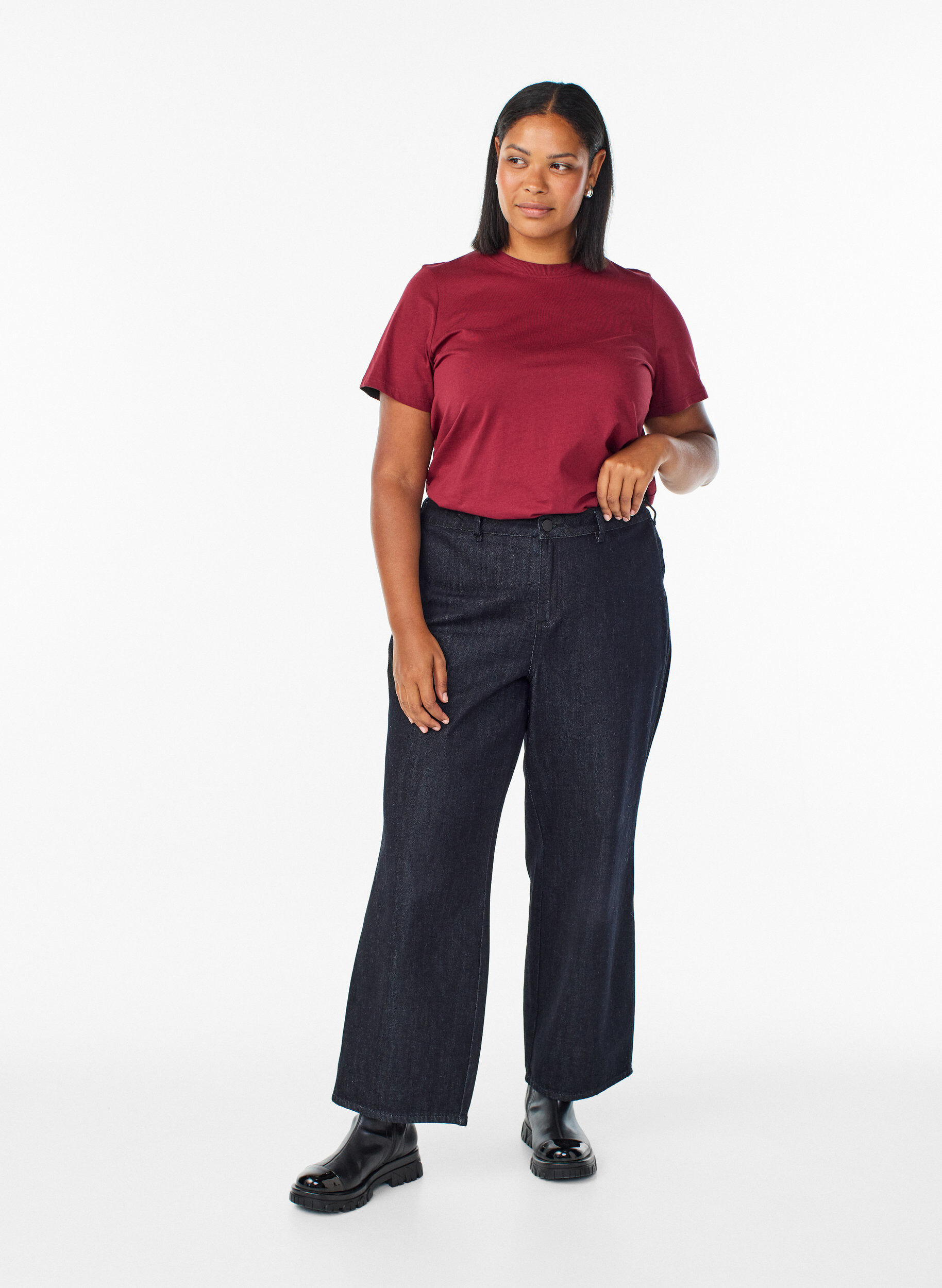 ZizziBasic katoenen T-shirt met ronde hals, Donker Bordeaux, Model image number 1