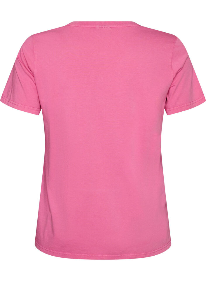 T-shirt en coton bio avec un imprim&eacute; varsity et col V, Rose, Packshot image number 1