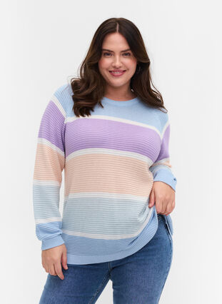 Pull en tricot à manches longues avec bloques de couleurs, Chambray Blue Comb, Model image number 0