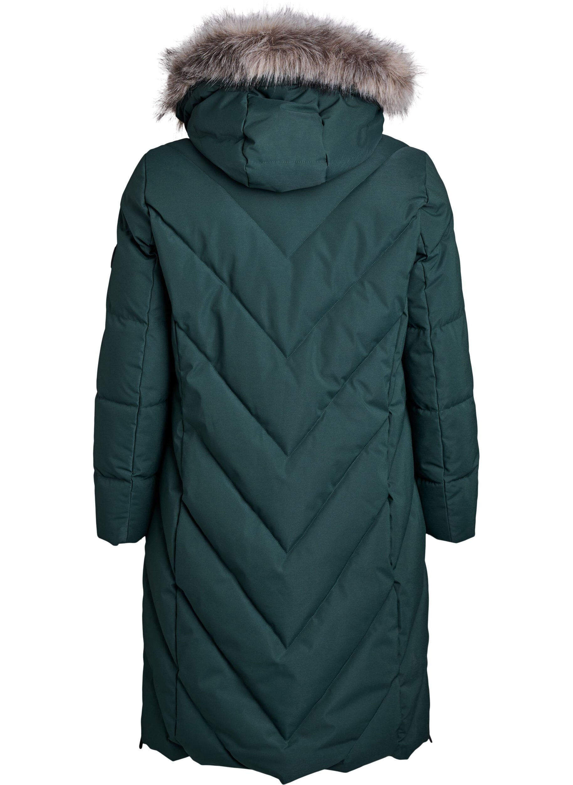 ZizziLange winterjas met haaksluitingen en een nep bontkraag, Groen, Packshot image number 1