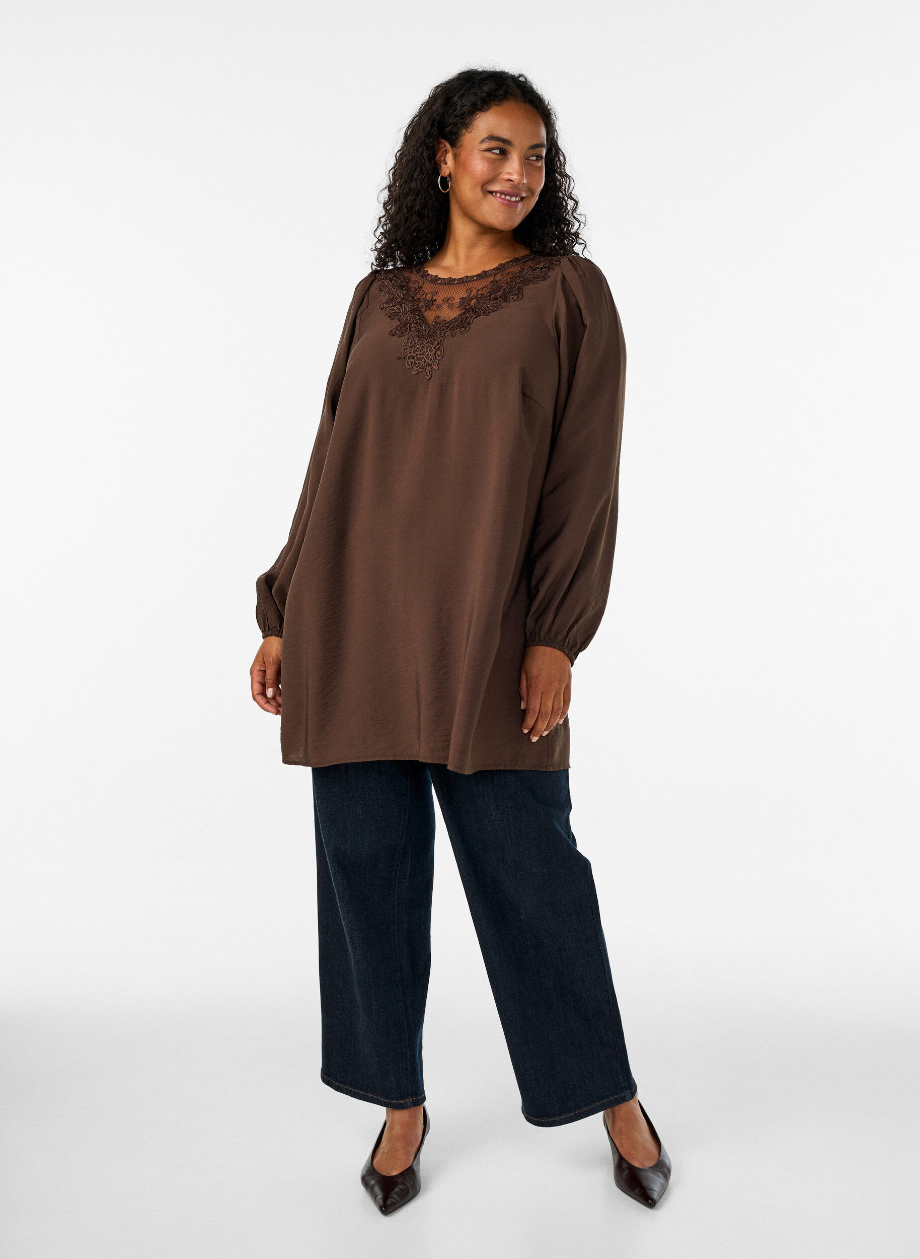 ZizziViscose tuniek met kanten detail, Bruin, Model image number 1