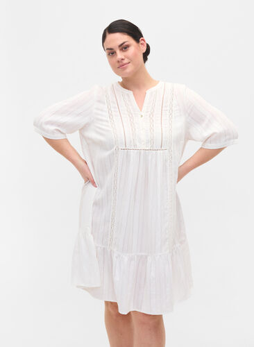 Gestreepte viscose jurk met kanten lint, Bright White, Model image number 0
