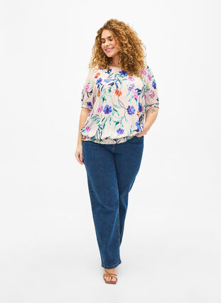 Gebloemde blouse met smokwerk, Buttercream Blue Fl., Model image number 2