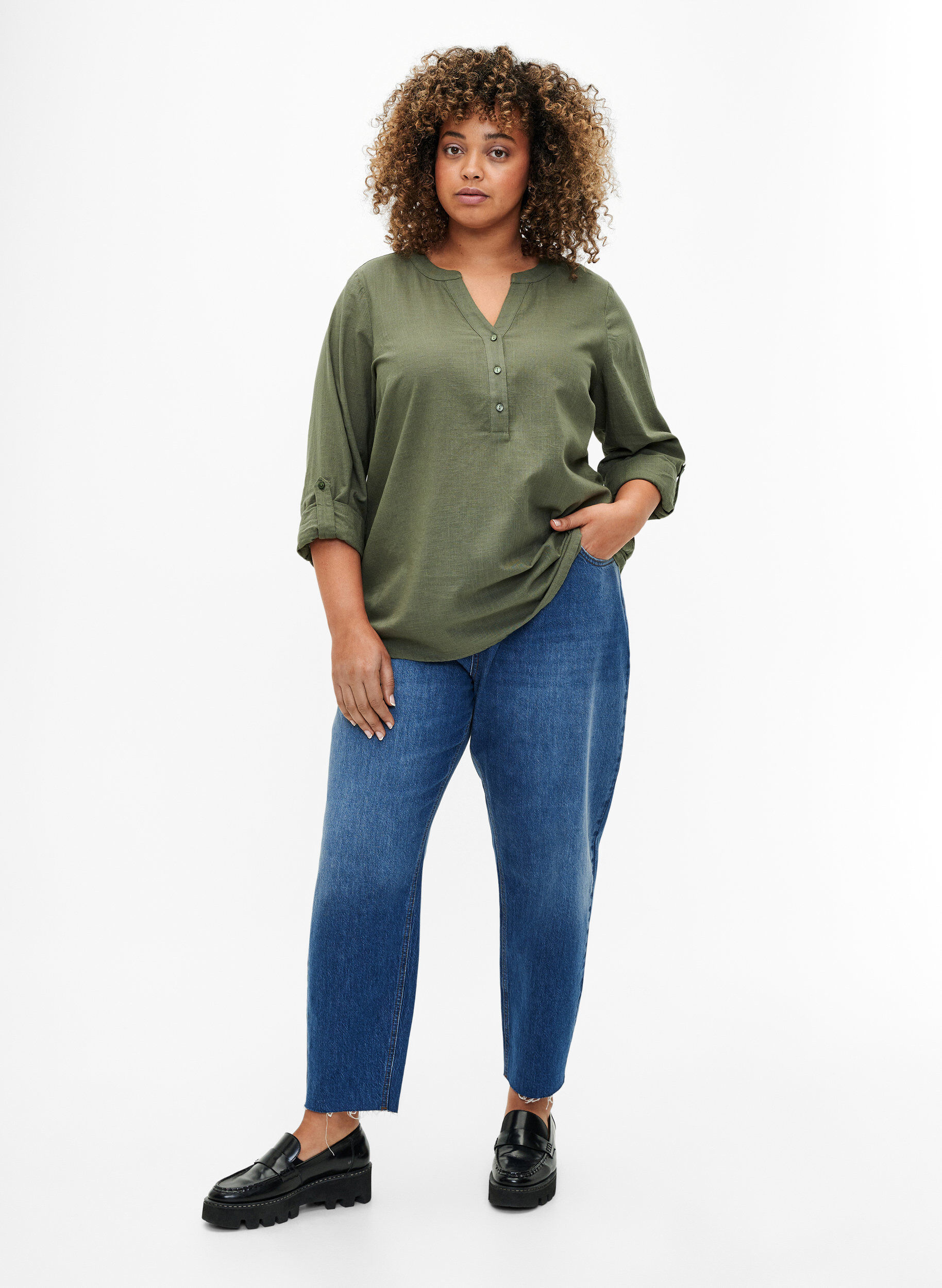 ZizziBlouse van katoen met v-hals, Thyme, Model image number 2