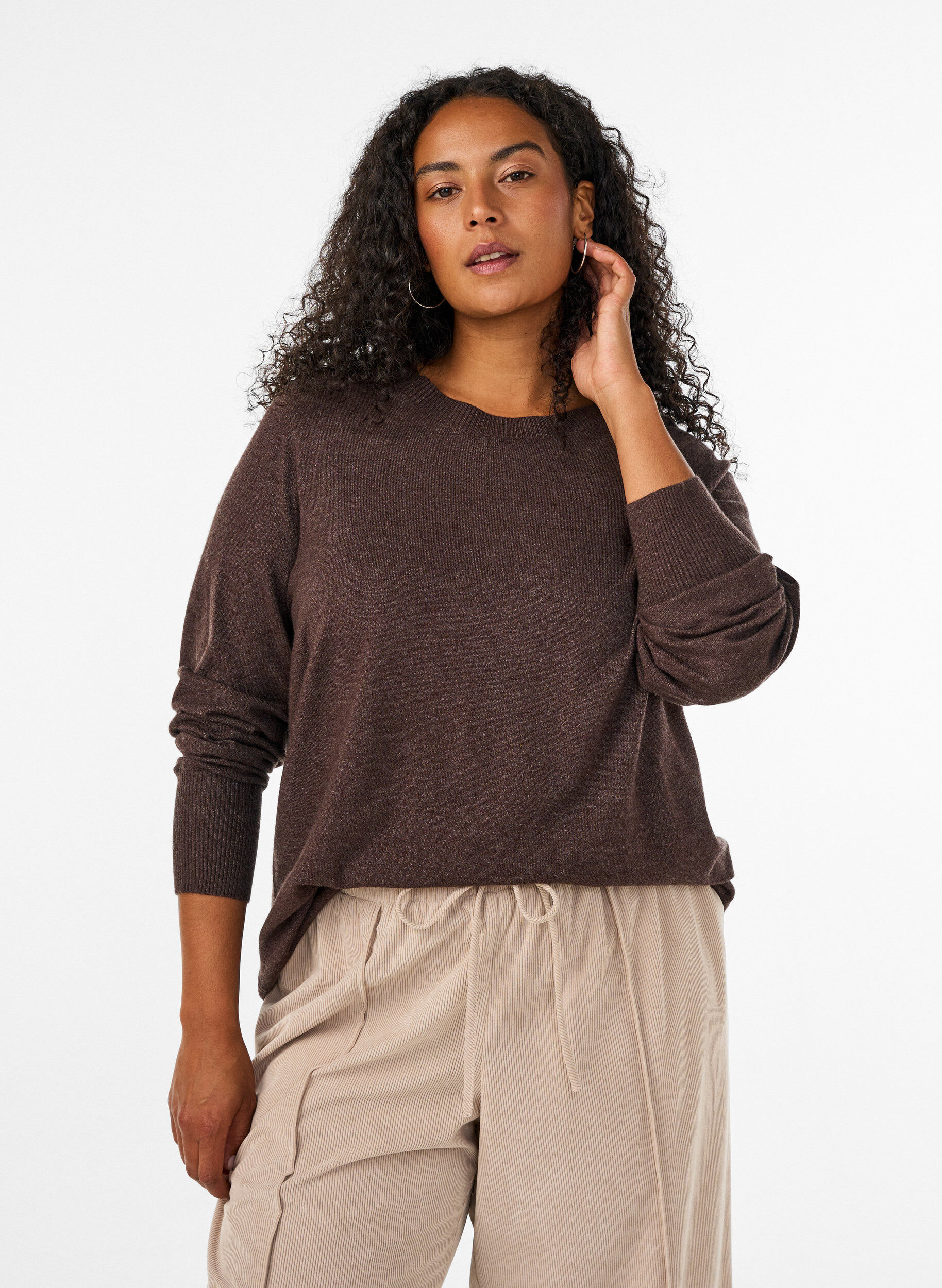 ZizziBlouse en maille avec un col rond, Marron, Model image number 0