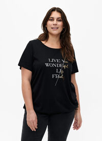 T-shirt en coton à manches courtes avec bord élastique, Black w. Live, Model