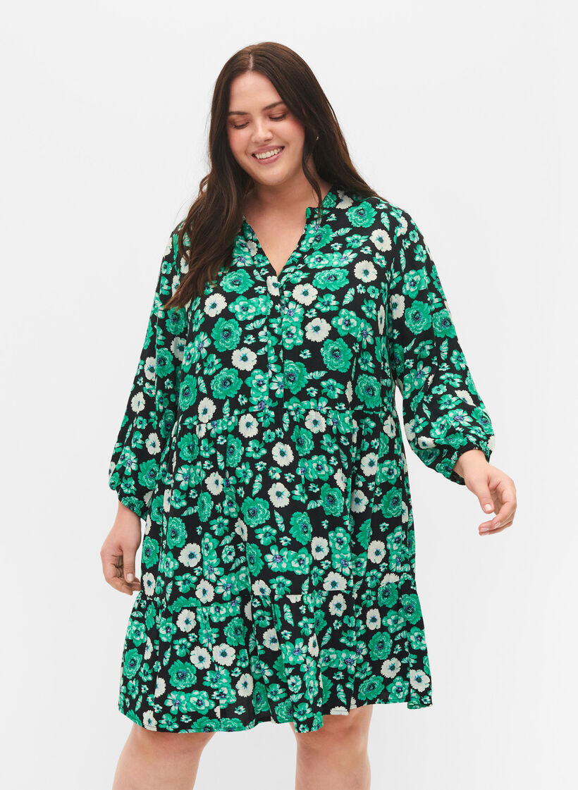 Gebloemde tuniek in viscose, Green Flower AOP, Model image number 0