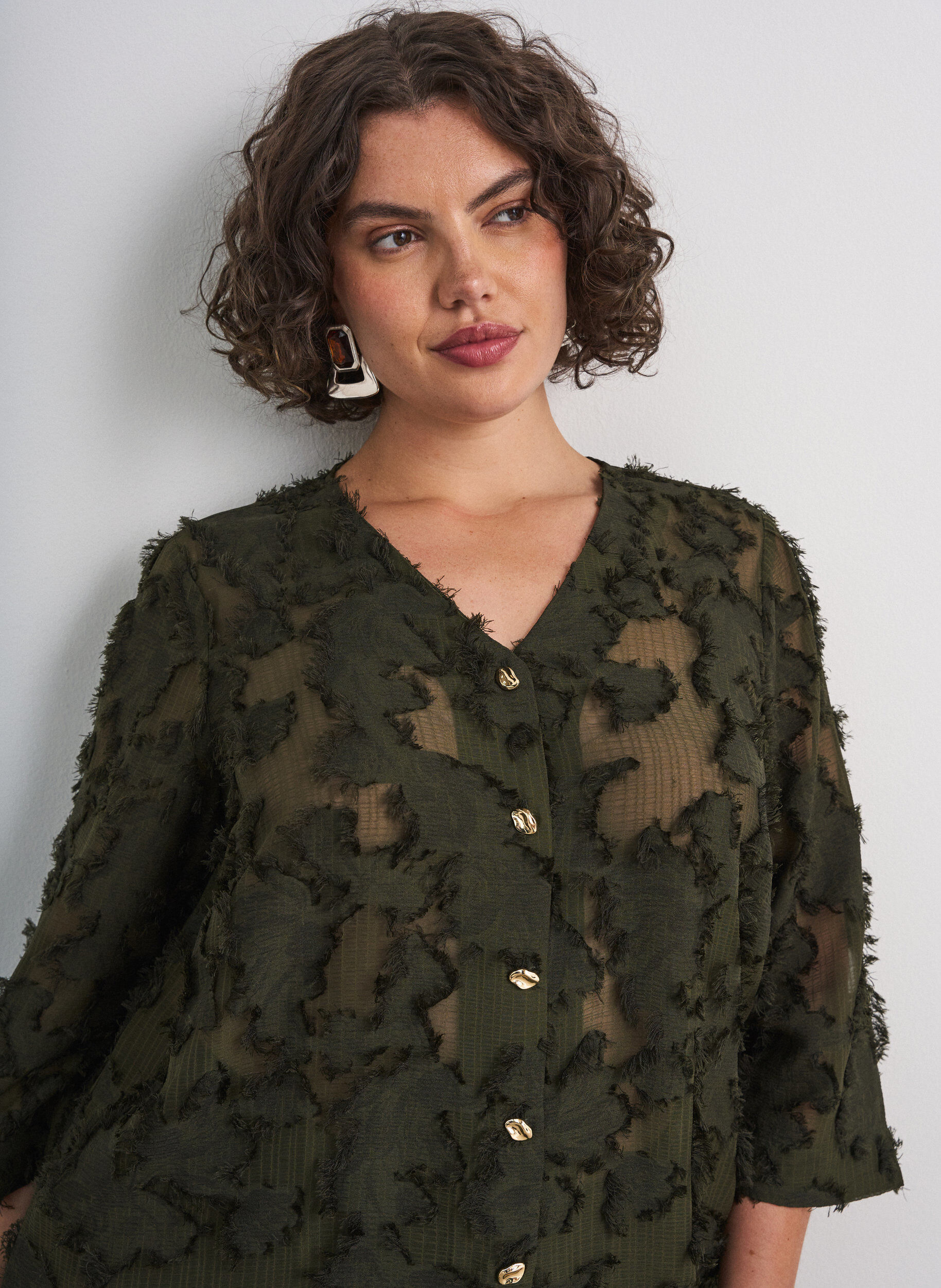 ZizziBlouse met rafelige draden en textuur, Groen, Model image number 3