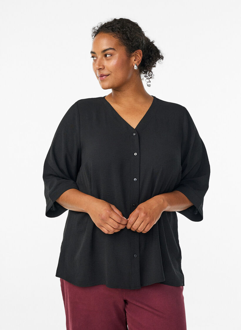FLASH &ndash; Shirtblouse met V-hals en 3/4 mouwen, Zwart, Model image number 0